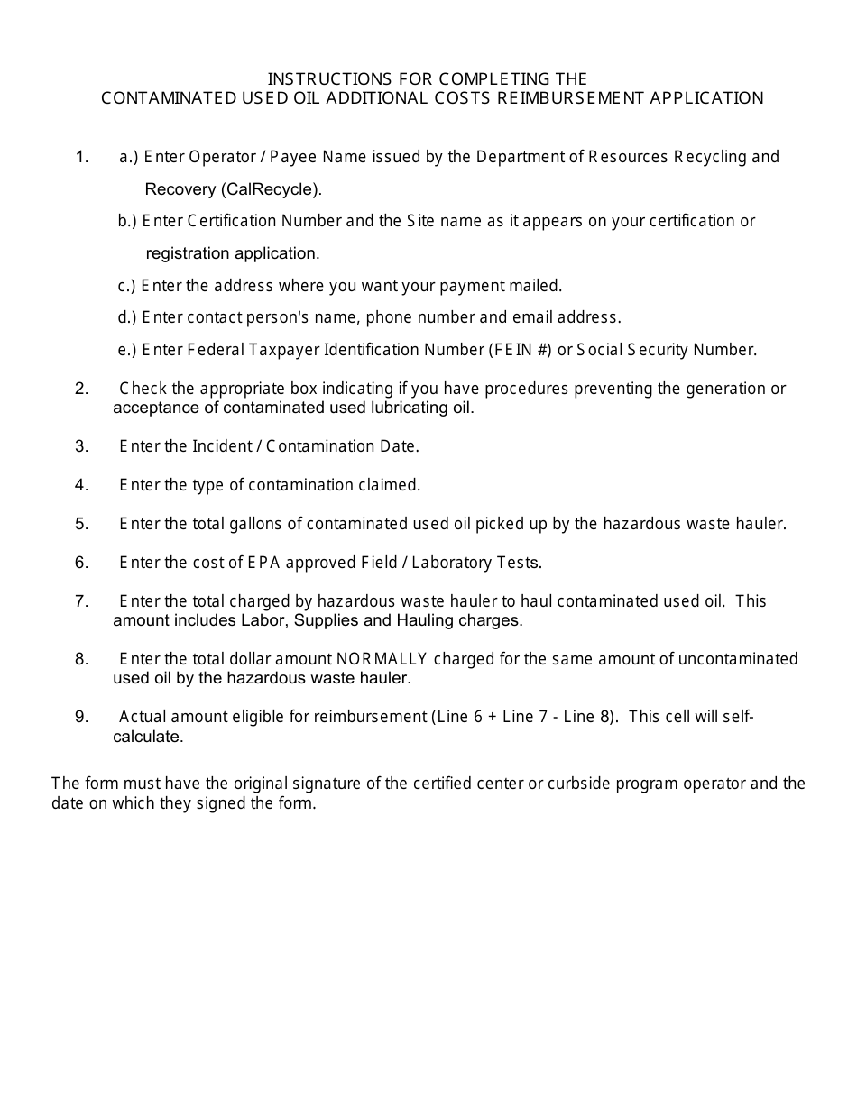 Form CalRecycle325 Contaminated Used Oil Reimbursement Application - California, Page 2