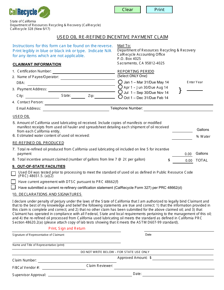 Form CalRecycle328 Used Oil Re-refined Incentive Payment Claim - California, Page 1