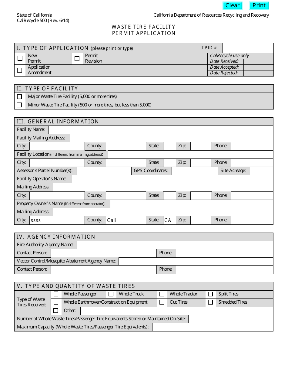 Form CalRecycle500 Waste Tire Facility Permit Application - California, Page 1