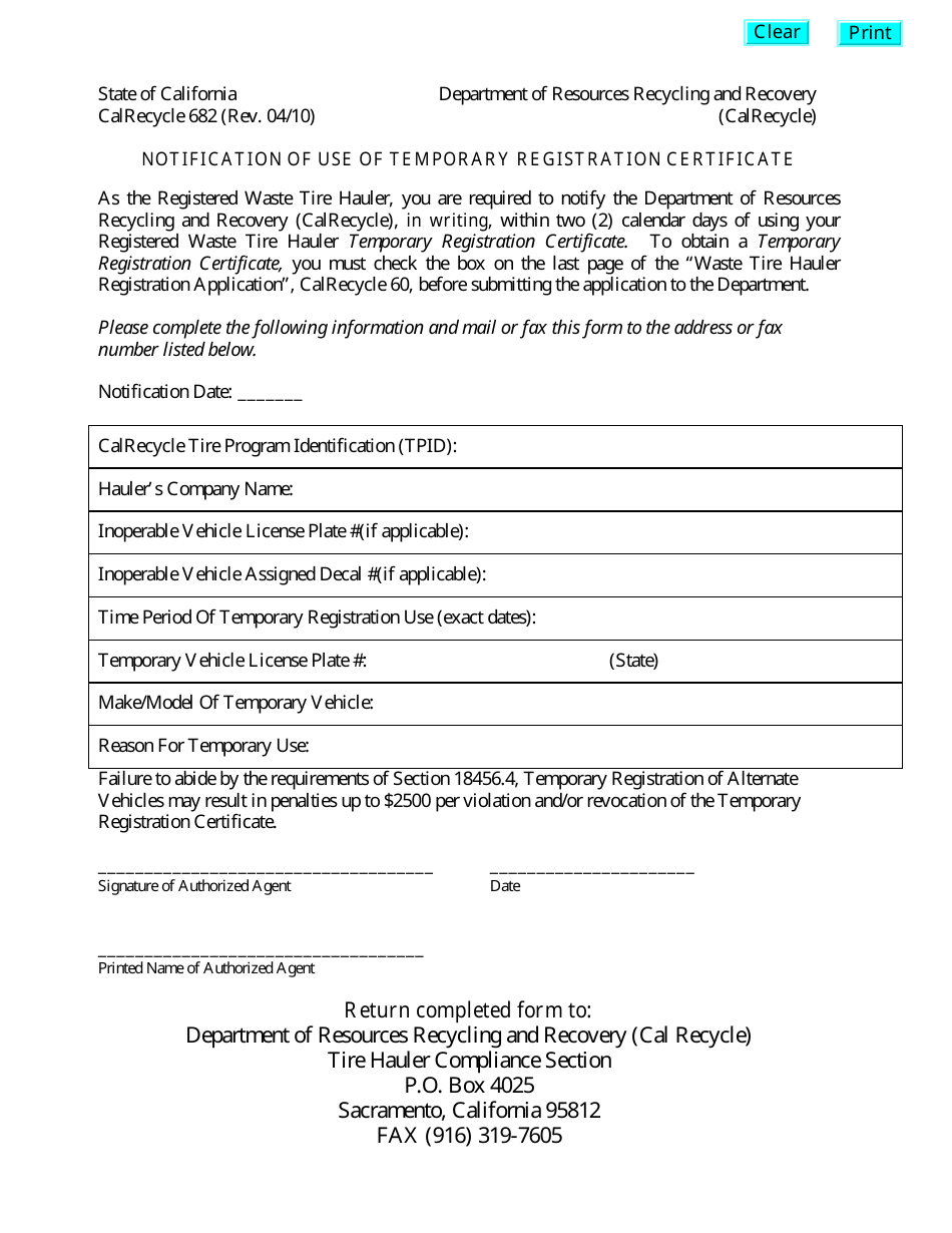 Form CalRecycle682 Notification of Use of Temporary Registration Certificate - California, Page 1