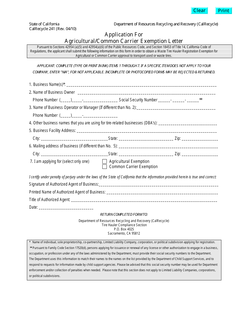 Form CalRecycle241 Application for Agricultural / Common Carrier Exemption Letter - California, Page 1