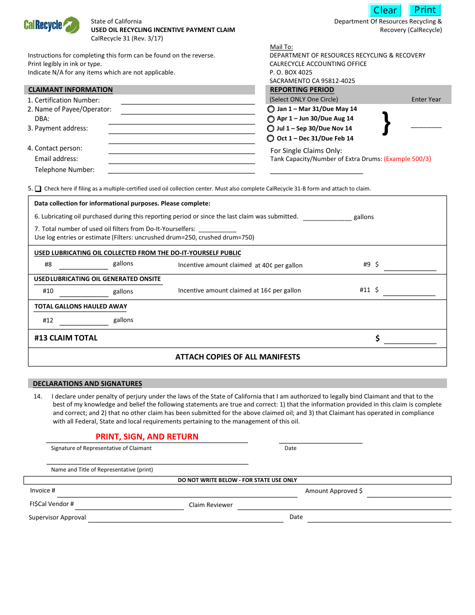 Form CalRecycle31 Used Oil Recycling Incentive Payment Claim - California, Page 1
