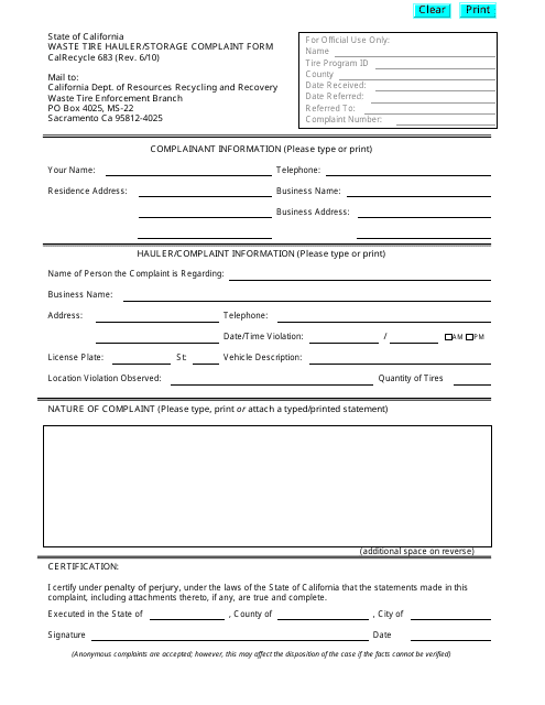 Form CalRecycle683 Waste Tire Hauler/Storage Complaint Form - California