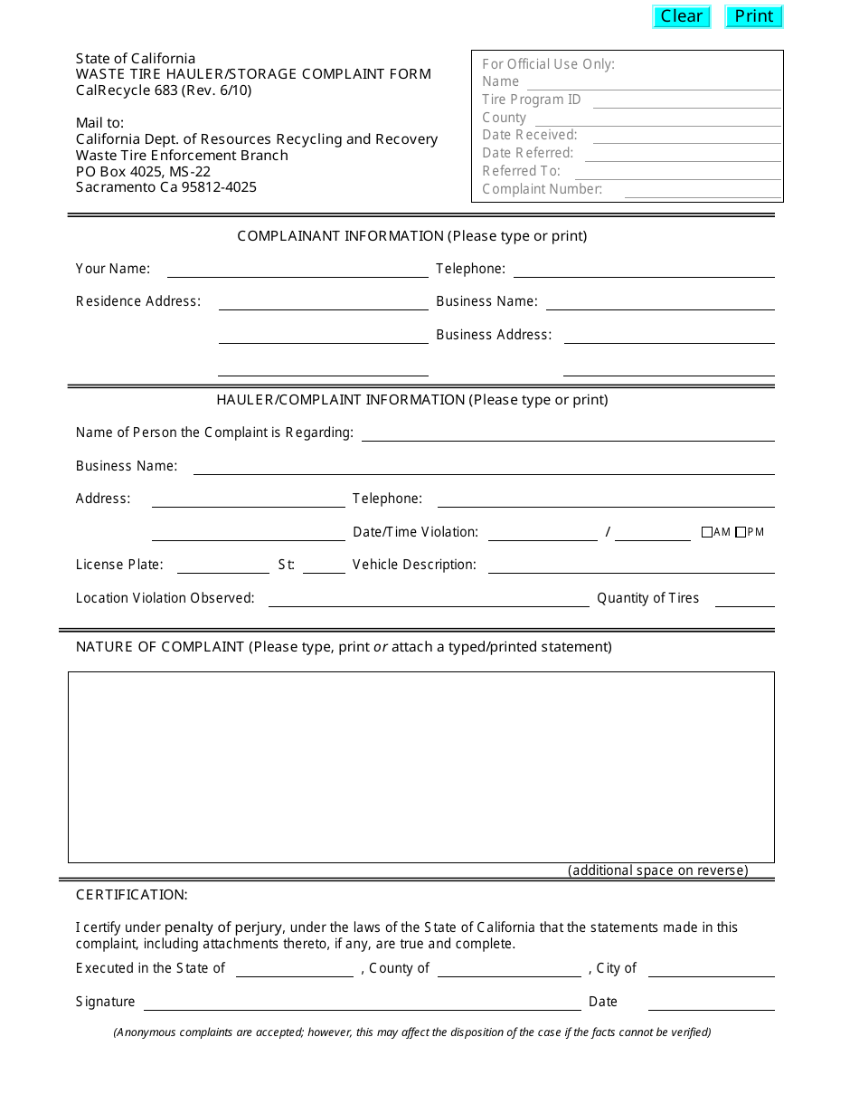 Form CalRecycle683 Waste Tire Hauler / Storage Complaint Form - California, Page 1