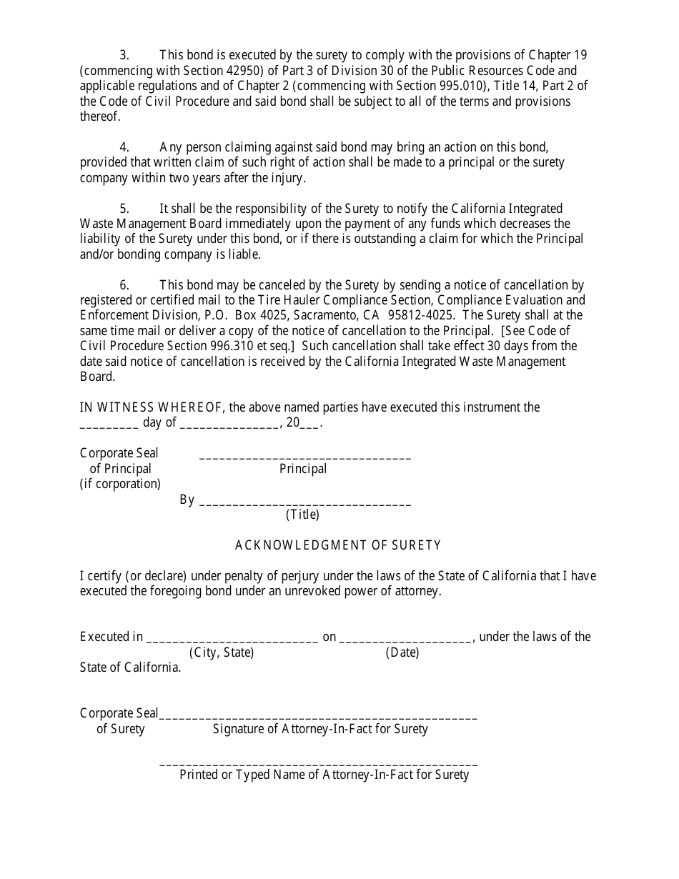 Form CIWMB61 Waste Tire Hauler Bond - California, Page 2