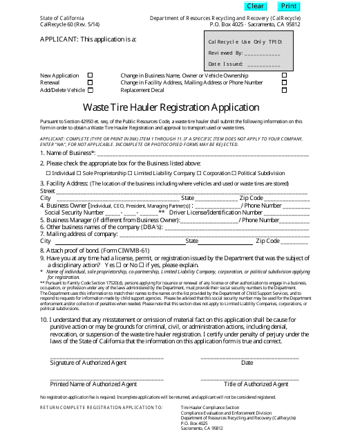 Form CalRecycle60 Waste Tire Hauler Registration Application - California