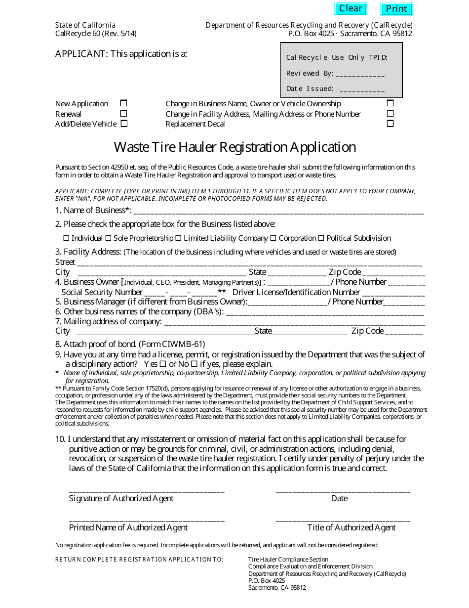 Form CalRecycle60 Waste Tire Hauler Registration Application - California, Page 1