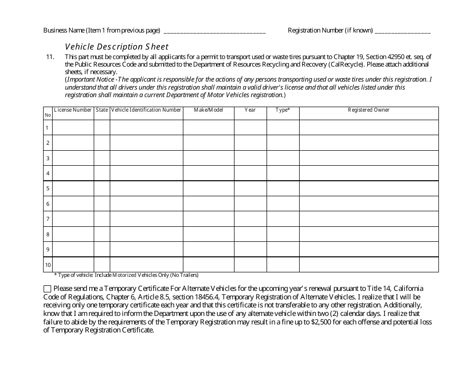 Form CalRecycle60 Waste Tire Hauler Registration Application - California, Page 2