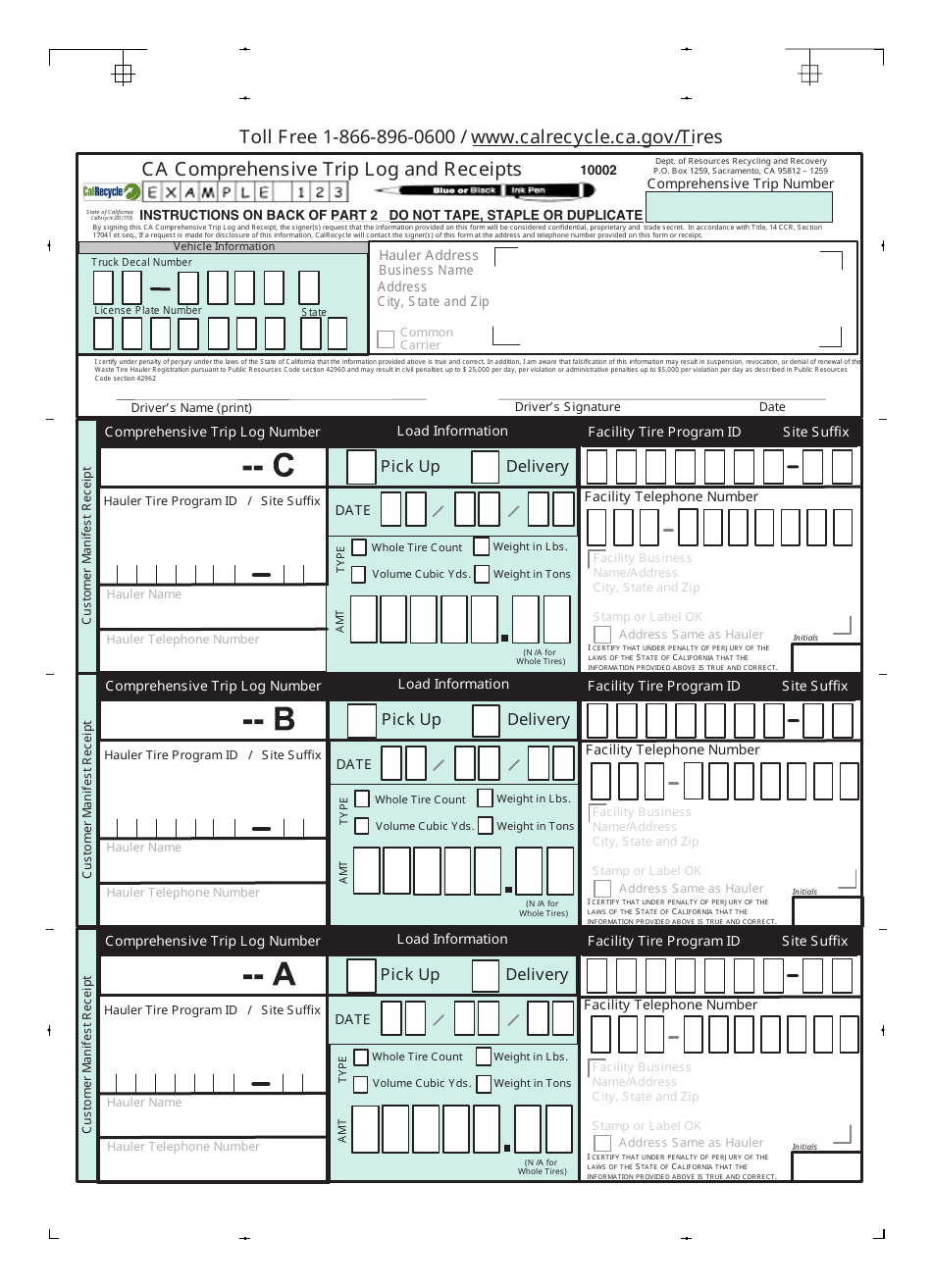 Form CalRecycle203 Ca Comprehensive Trip Log and Receipts - Sample - California, Page 1
