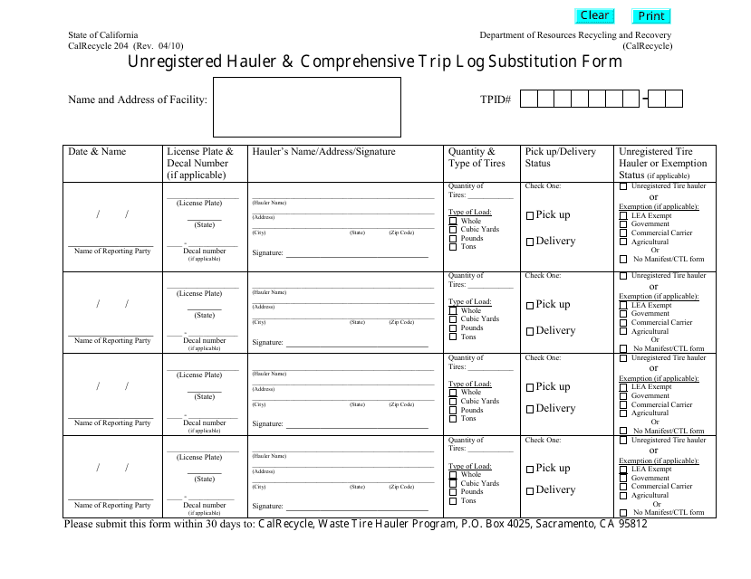 Form CalRecycle204 Unregistered Hauler and Comprehensive Trip Log Substitution Form - California