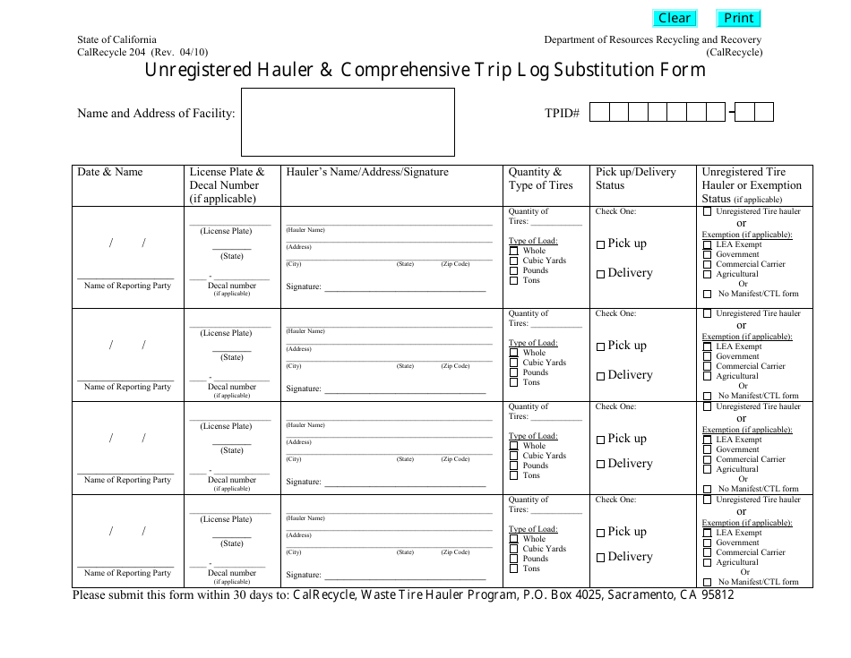 Form CalRecycle204 Unregistered Hauler and Comprehensive Trip Log Substitution Form - California, Page 1