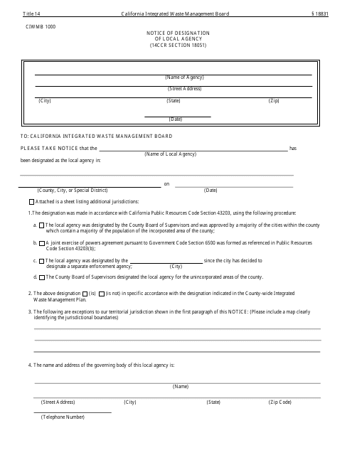 Form CIWMB1000 Notice of Designation of Local Agency - California