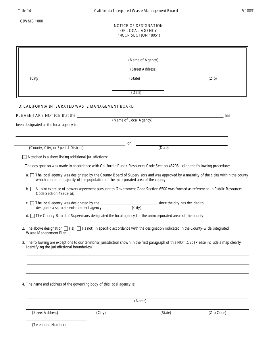 Form CIWMB1000 Notice of Designation of Local Agency - California, Page 1
