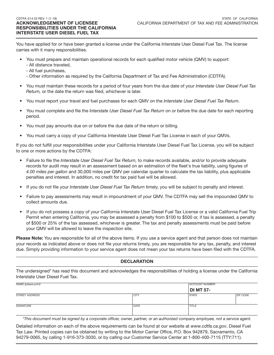 Form CDTFA-514-DI Acknowledgement of Licensee Responsibilities Under the California Interstate User Diesel Fuel Tax - California, Page 1