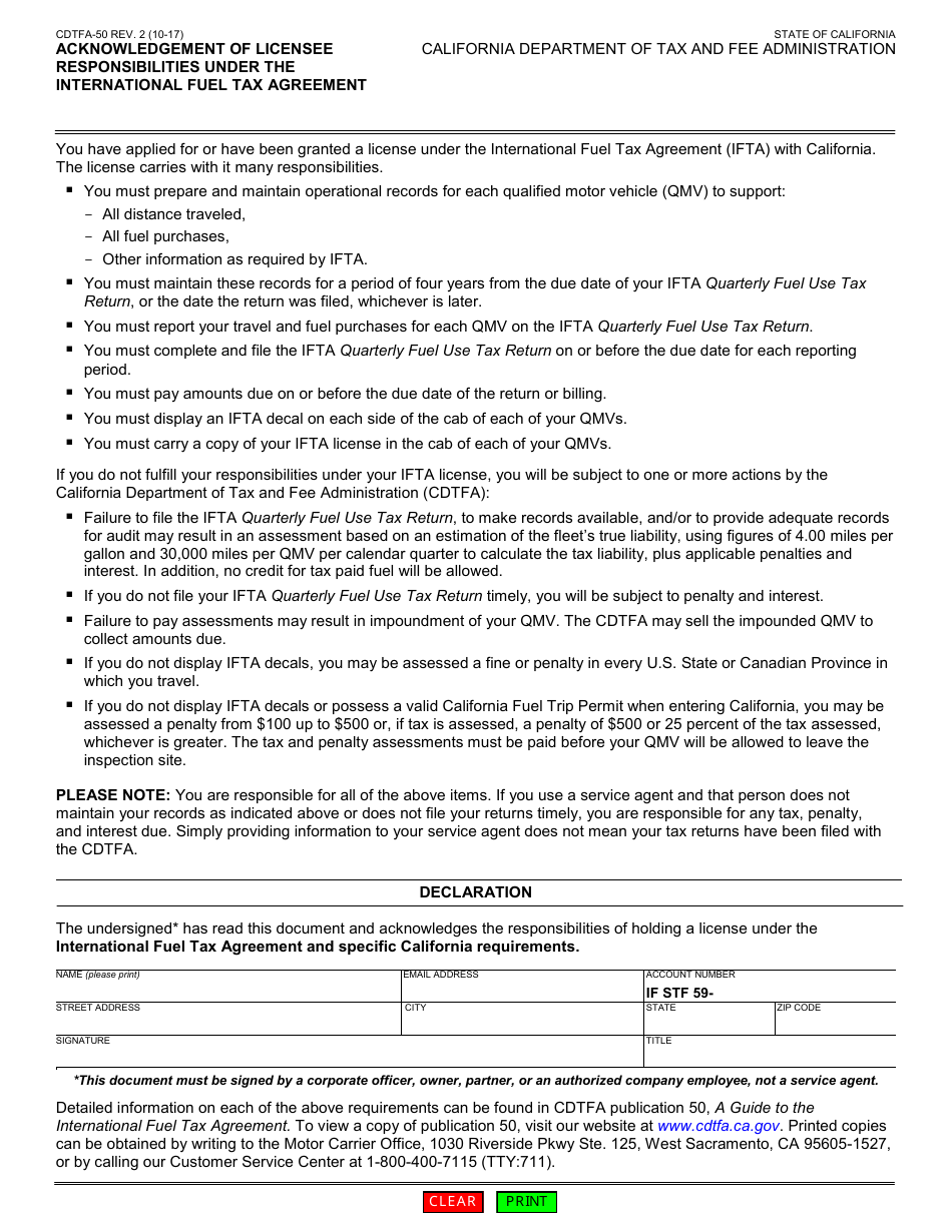 Form CDTFA-50 Acknowledgement of Licensee Responsibilities Under the International Fuel Tax Agreement - California, Page 1