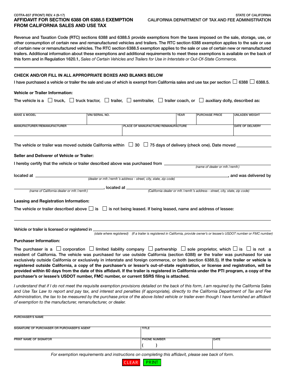 Form CDTFA-837 Affidavit for Section 6388 or 6388.5 Exemption From the California Sales and Use Tax - California, Page 1