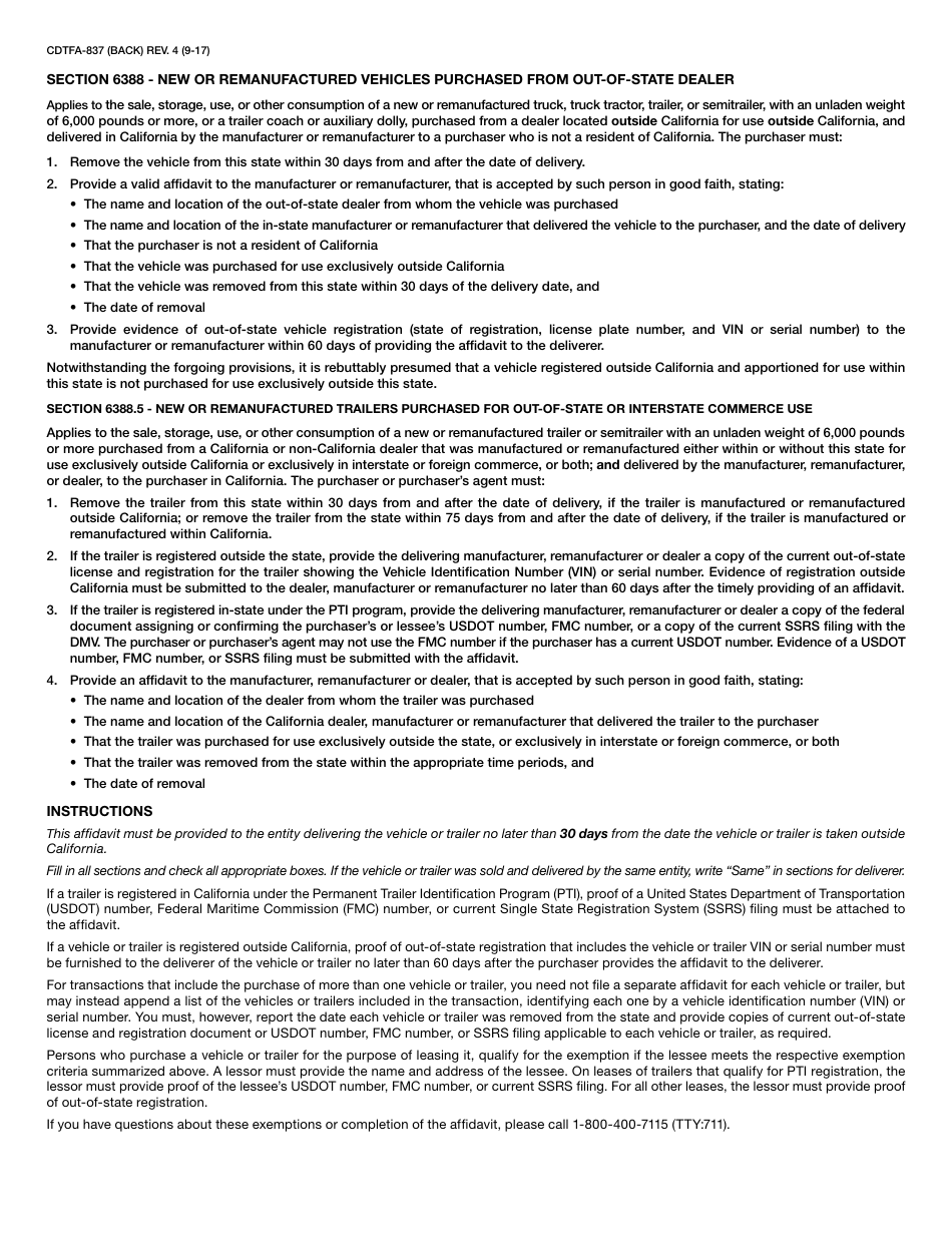 Form CDTFA-837 Affidavit for Section 6388 or 6388.5 Exemption From the California Sales and Use Tax - California, Page 2