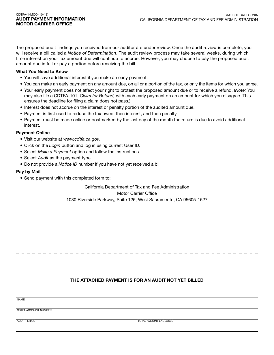 Form CDTFA-1-MCO Audit Payment Information - Motor Carrier Office - California, Page 1