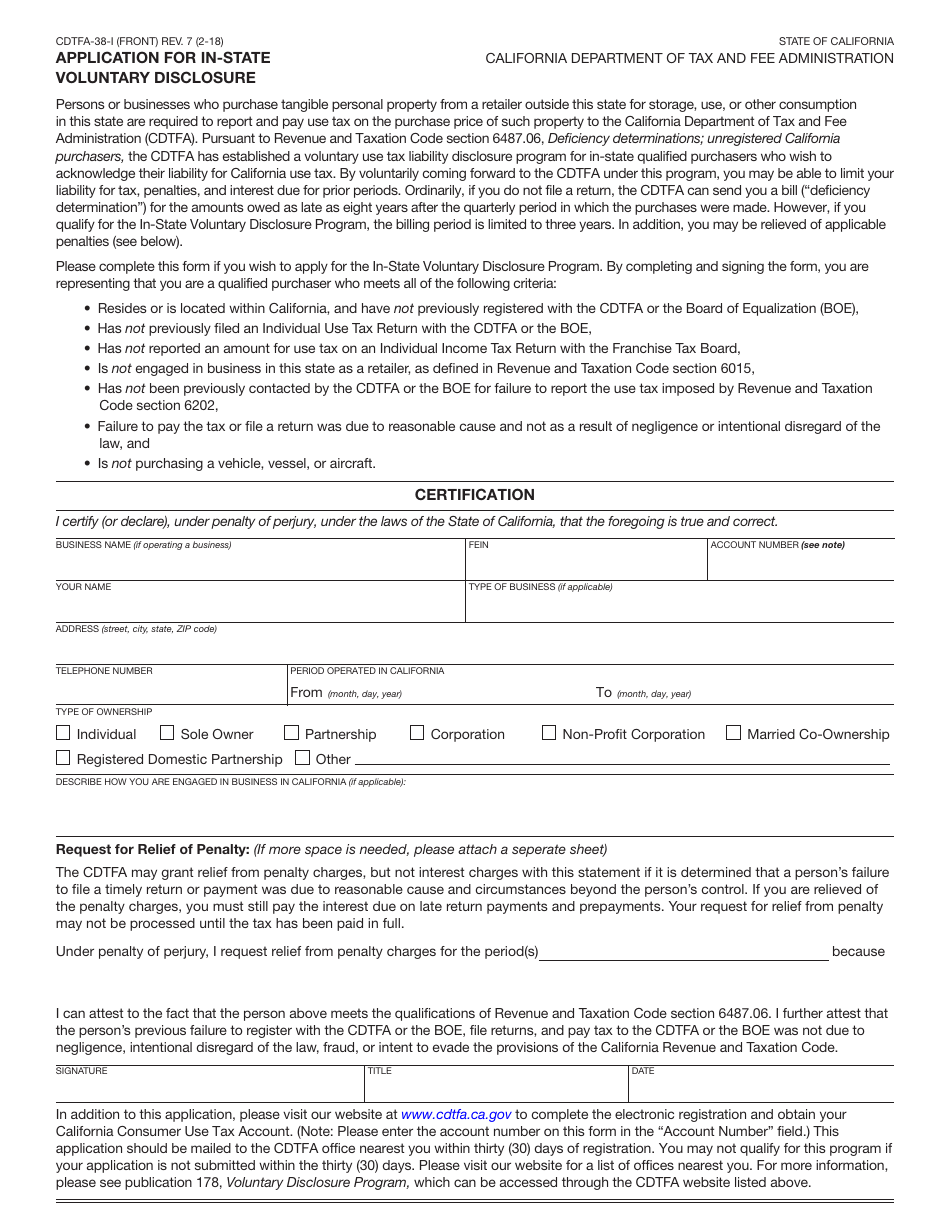 Form CDTFA-38-I Application for in-State Voluntary Disclosure - California, Page 1