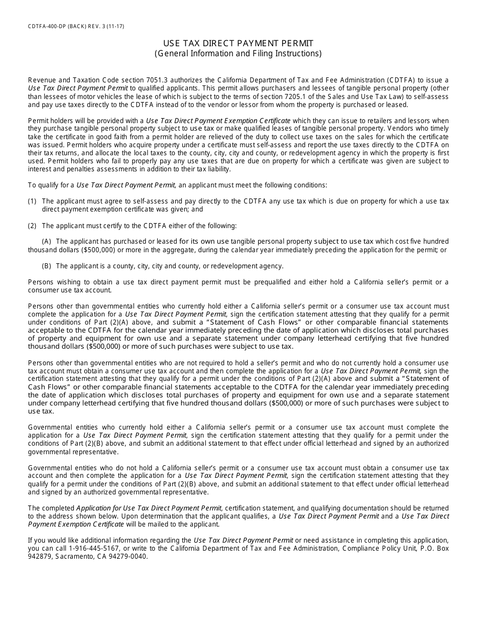 Form CDTFA-400-DP Application for Use Tax Direct Payment Permit - California, Page 2