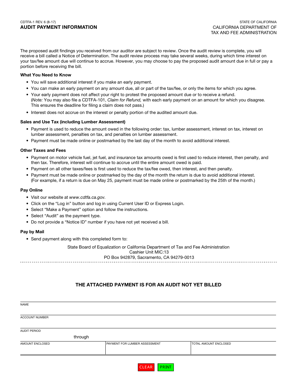 Form CDTFA-1 Audit Payment Information - California, Page 1