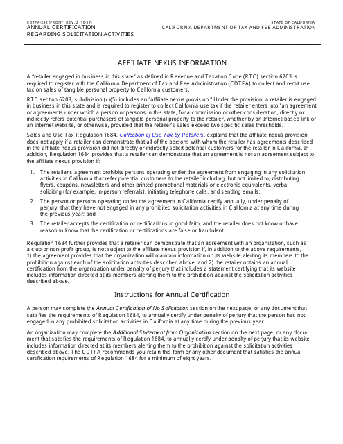 Form CDTFA-232 Annual Certification Regarding Solicitation Activities - California