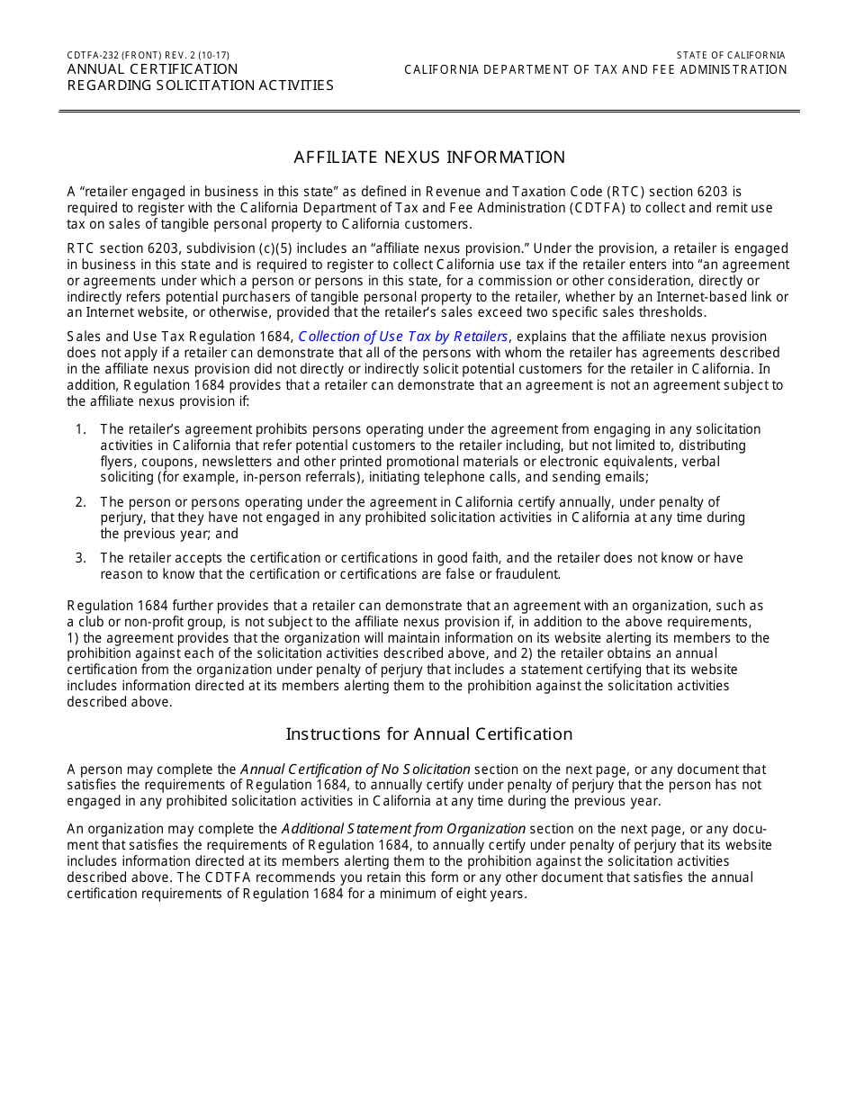 Form CDTFA-232 Annual Certification Regarding Solicitation Activities - California, Page 1