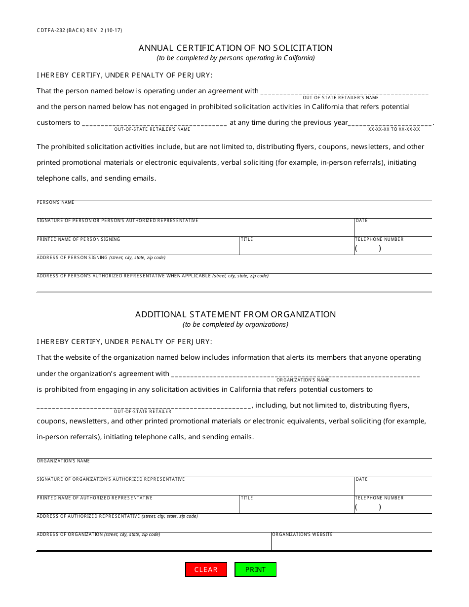 Form CDTFA-232 Annual Certification Regarding Solicitation Activities - California, Page 2