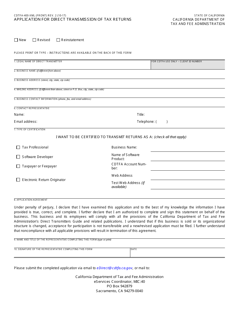 Form CDTFA-400-XML Application for Direct Transmission of Tax Returns - California, Page 1