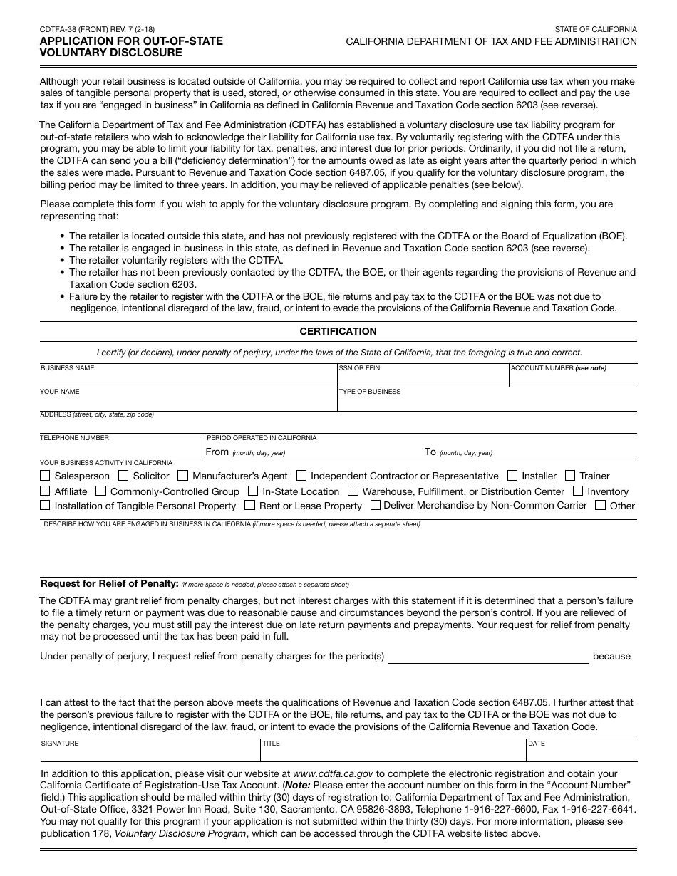 Form CDTFA-38 - Fill Out, Sign Online and Download Fillable PDF ...