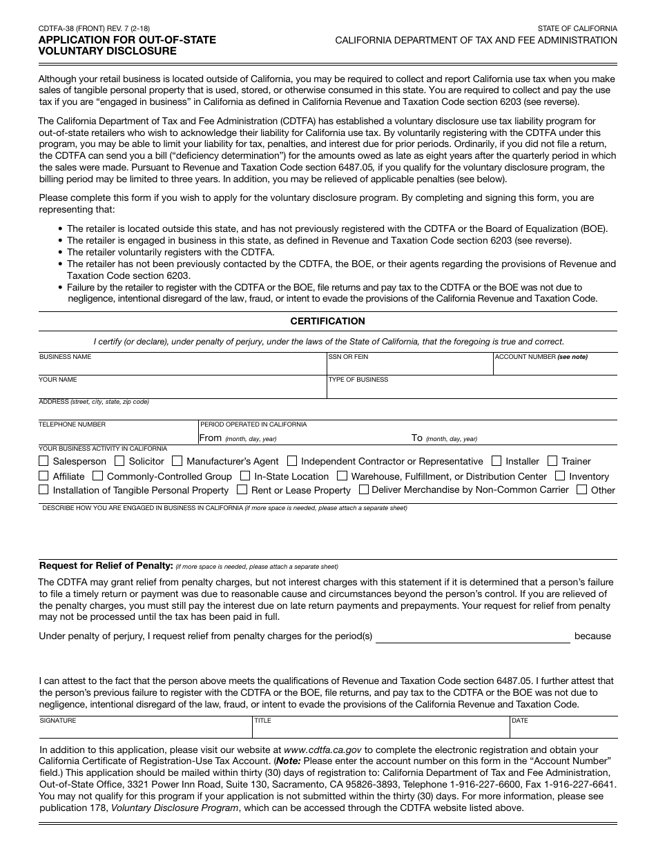 Form CDTFA-38 Application for Out-of-State Voluntary Disclosure - California, Page 1