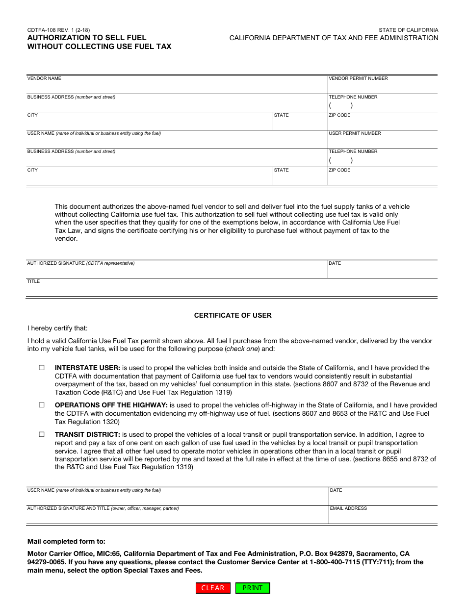 Form CDTFA-108 Authorization to Sell Fuel Without Collecting Use Fuel Tax - California, Page 1