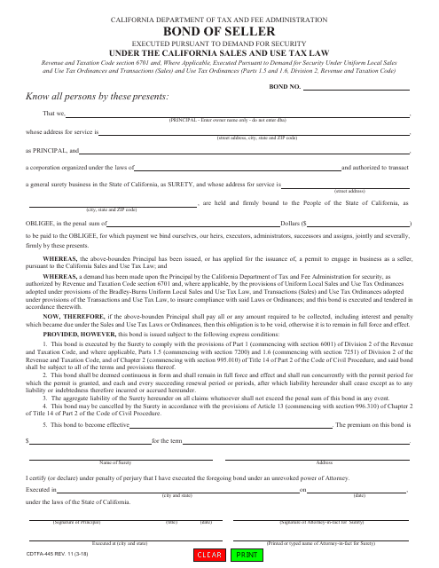 Form CDTFA-445 Bond of Seller - California