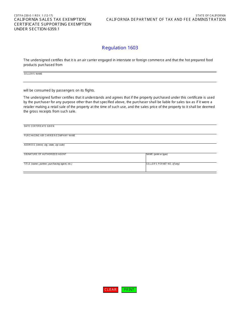 Form CDTFA-230-E-1 California Sales Tax Exemption Certificate Supporting Exemption Under Section 6359.1 - California, Page 1