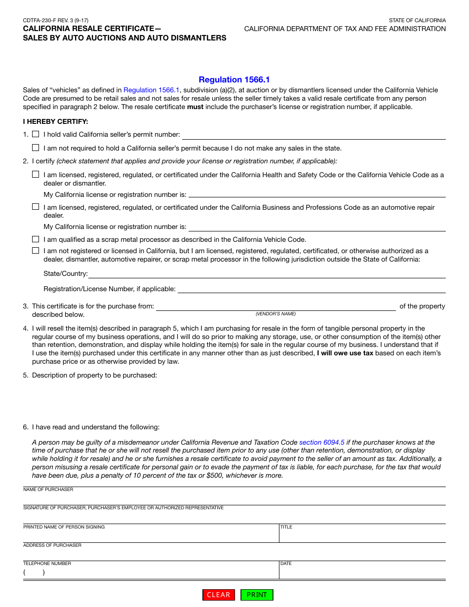 Form CDTFA-230-F California Resale Certificate - Sales by Auto Auctions and Auto Dismantlers - California, Page 1