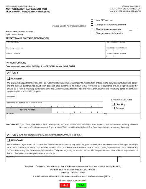 Form CDTFA-555-ST Authorization Agreement for Electronic Funds Transfer (Eft) - California