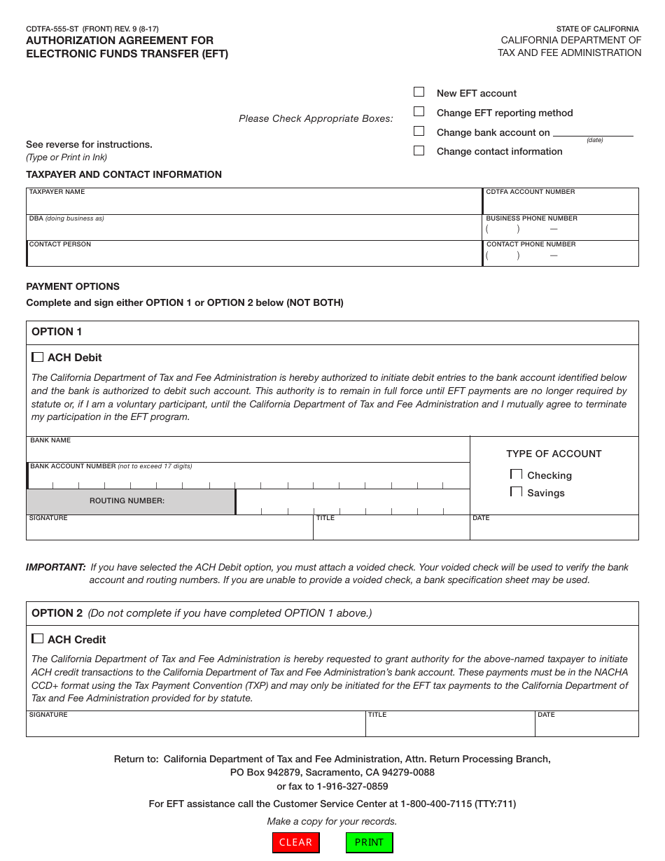 Form CDTFA-555-ST Authorization Agreement for Electronic Funds Transfer (Eft) - California, Page 1