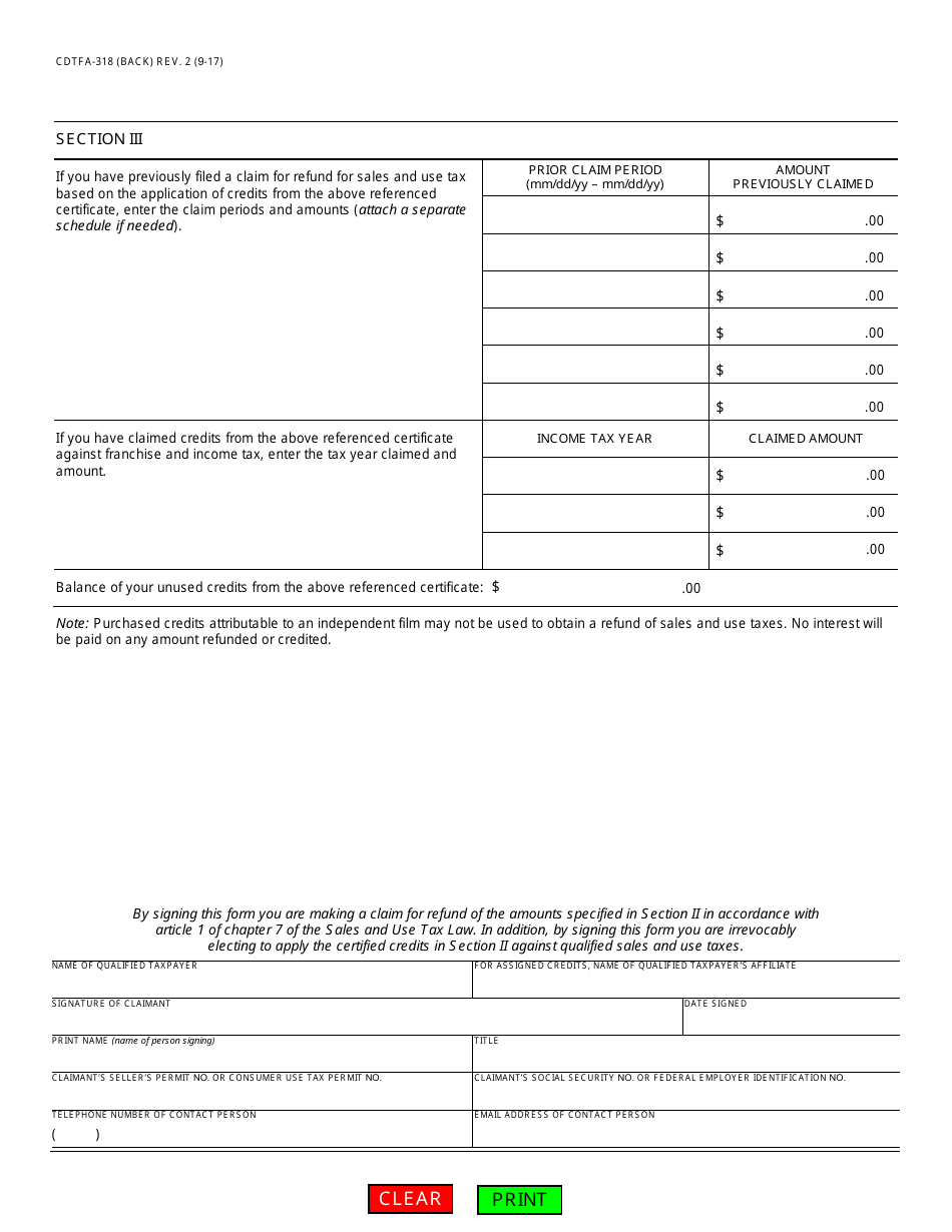 Form CDTFA-318 California Film and Television Tax Credit - California, Page 2