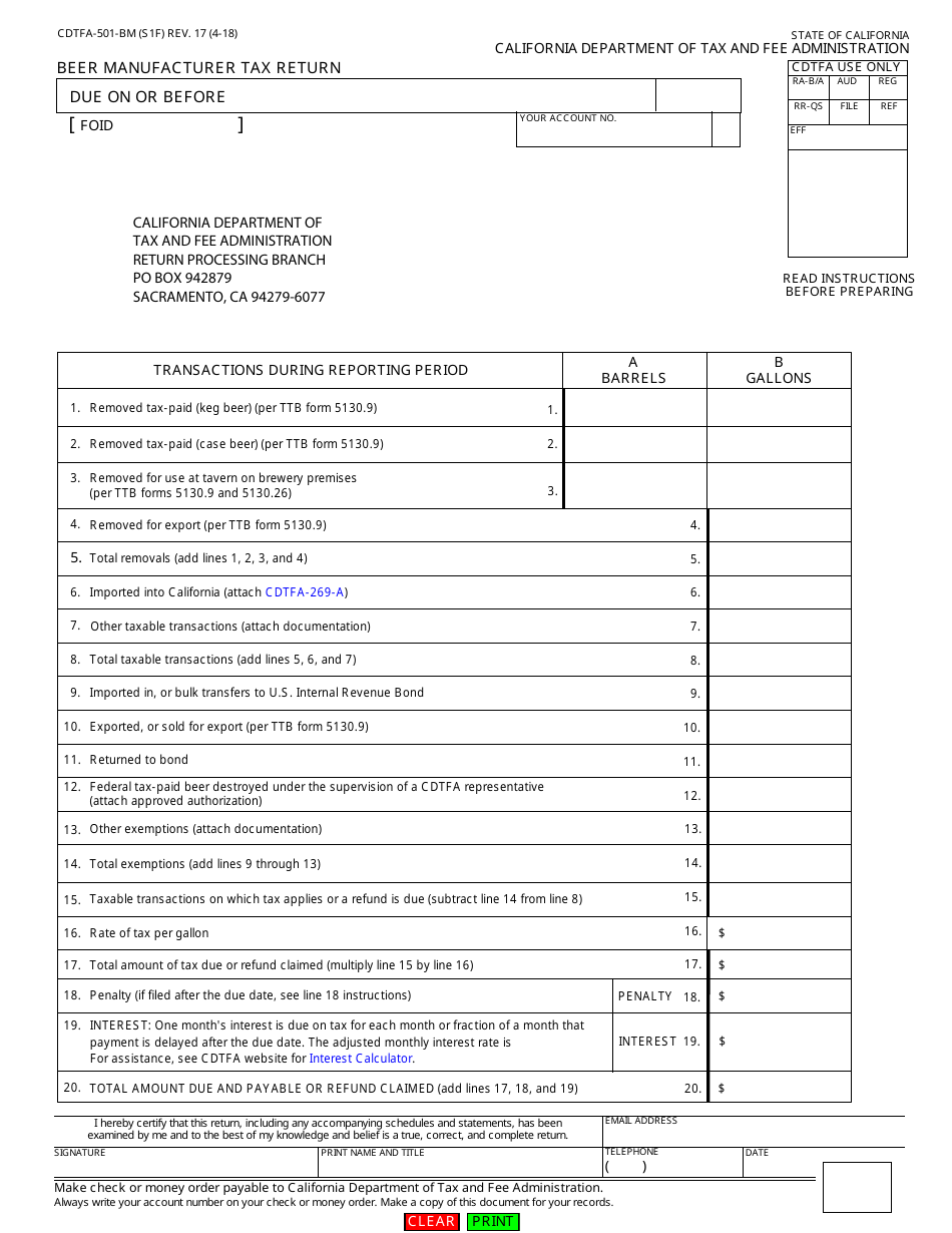 Form CDTFA-501-BM Beer Manufacturer Tax Return - California, Page 1