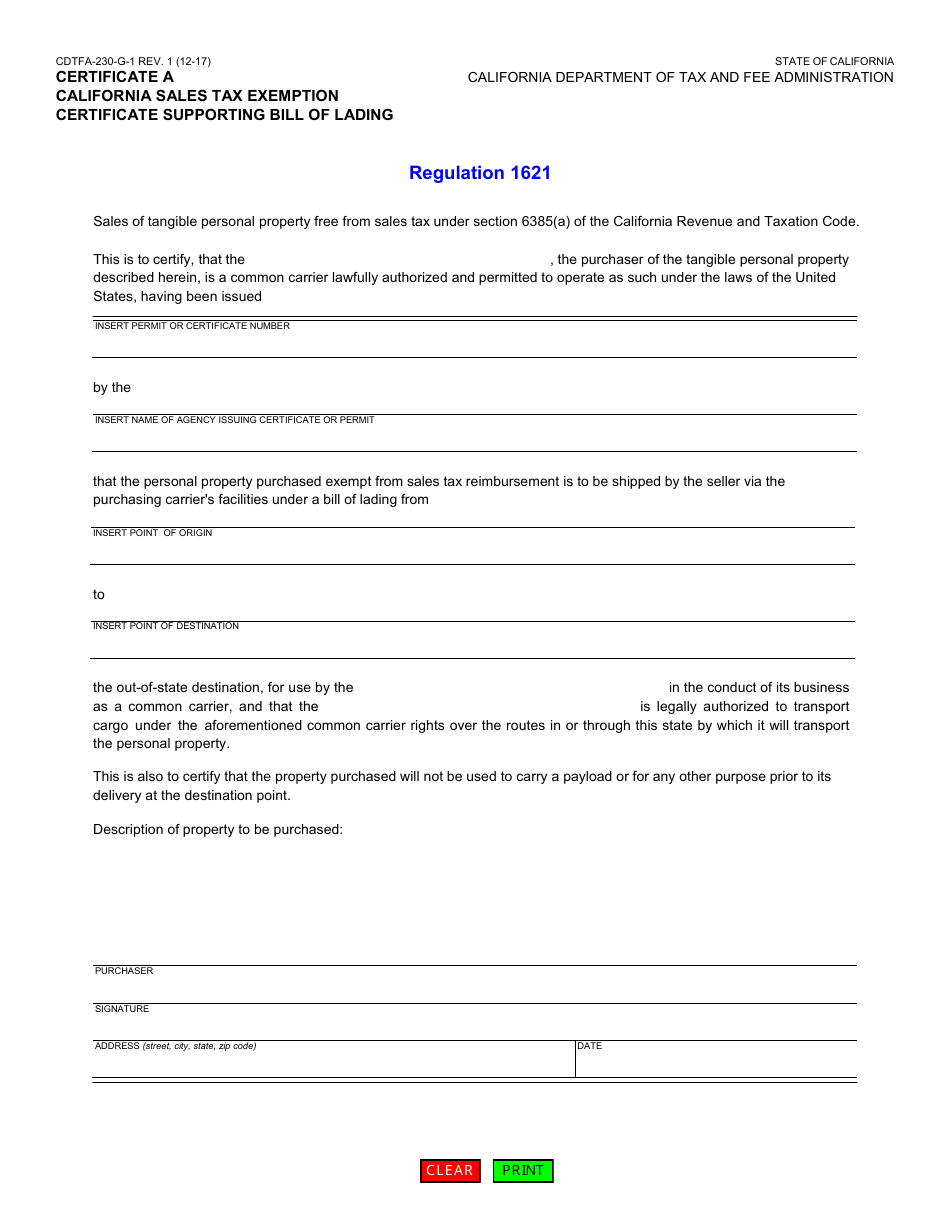 Form CDTFA-230-G-1 Certificate a - California Sales Tax Exemption Certificate Supporting Bill of Lading - California, Page 1