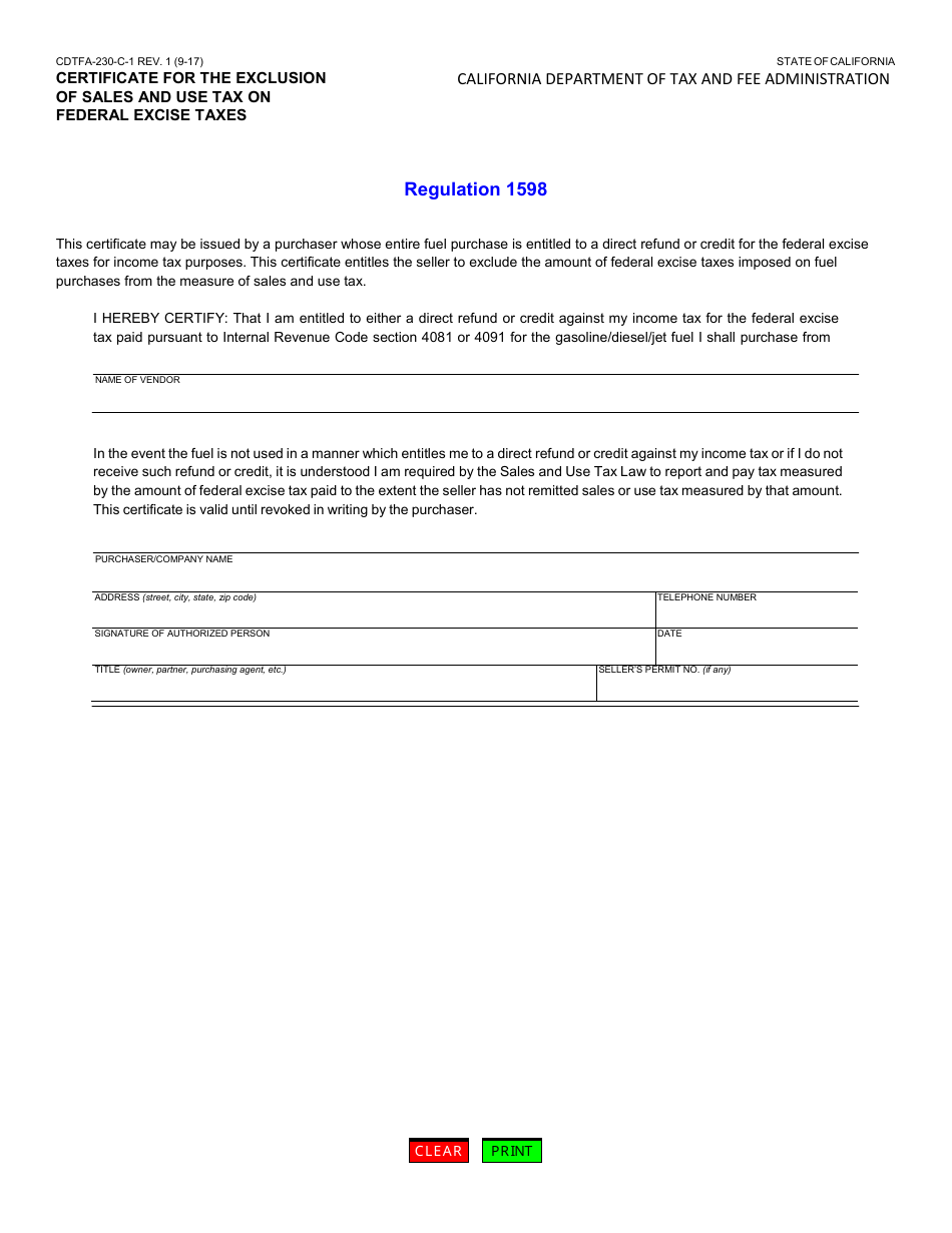 Form CDTFA-230-C-1 Certificate for the Exclusion of Sales and Use Tax on Federal Excise Taxes - California, Page 1