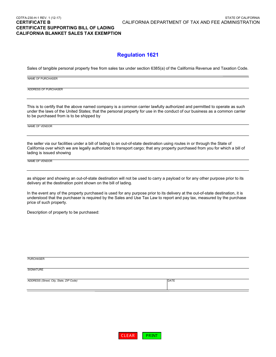 Form CDTFA-230-H-1 Certificate B Certificate Supporting Bill of Lading - California Blanket Sales Tax Exemption - California, Page 1