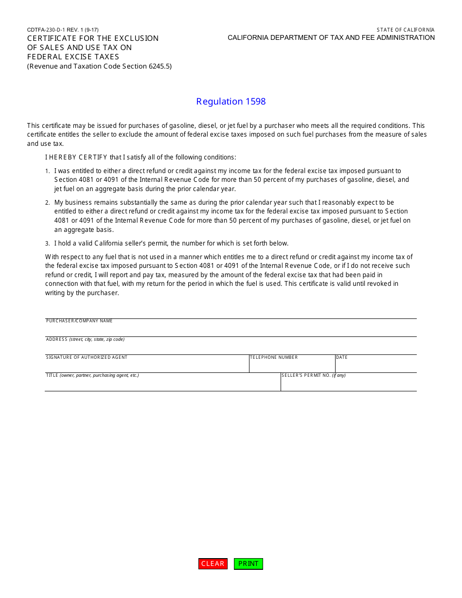 Form CDTFA-230-D-1 Certificate for the Exclusion of Sales and Use Tax on Federal Excise Taxes - California, Page 1