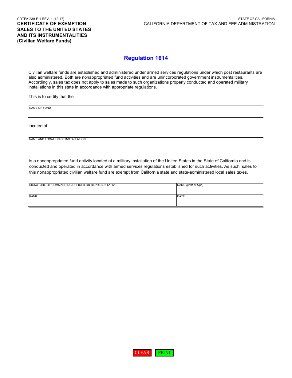 Form CDTFA-230-F-1 Certificate of Exemption - Sales to the United States and Its Instrumentalities (Civilian Welfare Funds) - California, Page 1