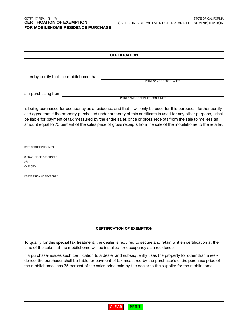 Form CDTFA-47 Certification of Exemption for Mobilehome Residence Purchase - California, Page 1