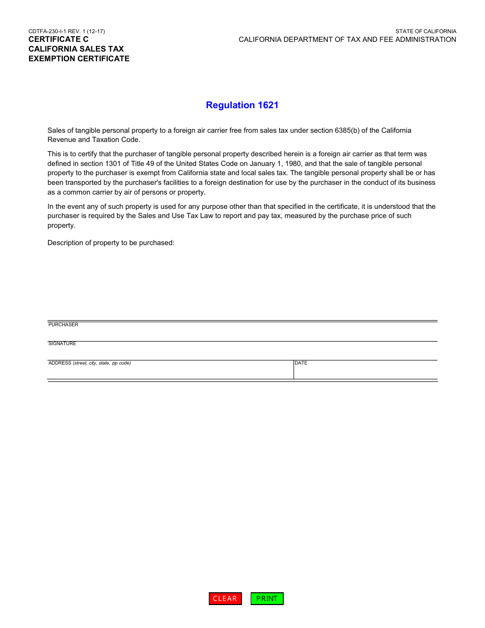 Form CDTFA-230-I-1 Certificate C - California Sales Tax Exemption Certificate (Foreign Air Carrier) - California, Page 1