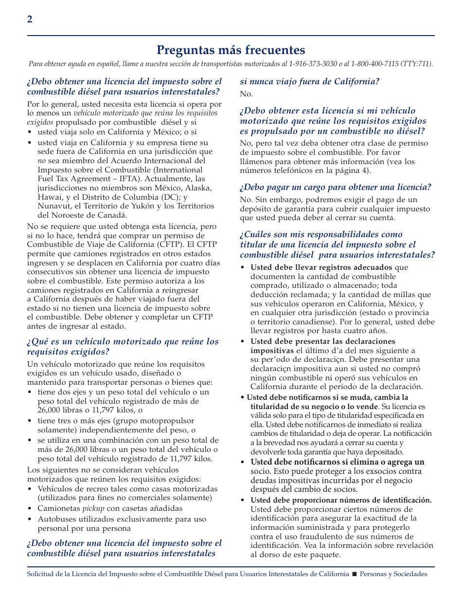 Formulario CDTFA-400-DI-S Solicitud De La Licencia Del Impuesto Sobre El Combustible Diesel Para Usuarios Interestatales De California (Personas / Sociedades) - California (Spanish), Page 2