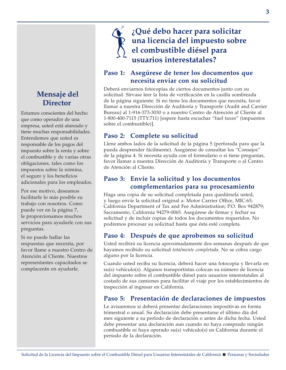 Formulario CDTFA-400-DI-S Solicitud De La Licencia Del Impuesto Sobre El Combustible Diesel Para Usuarios Interestatales De California (Personas / Sociedades) - California (Spanish), Page 3
