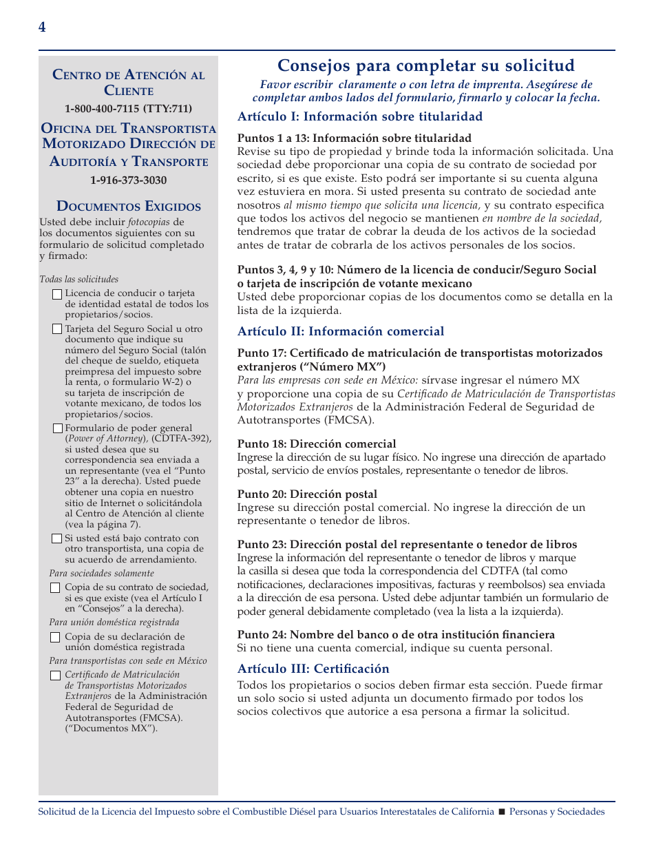 Formulario CDTFA-400-DI-S Solicitud De La Licencia Del Impuesto Sobre El Combustible Diesel Para Usuarios Interestatales De California (Personas / Sociedades) - California (Spanish), Page 4