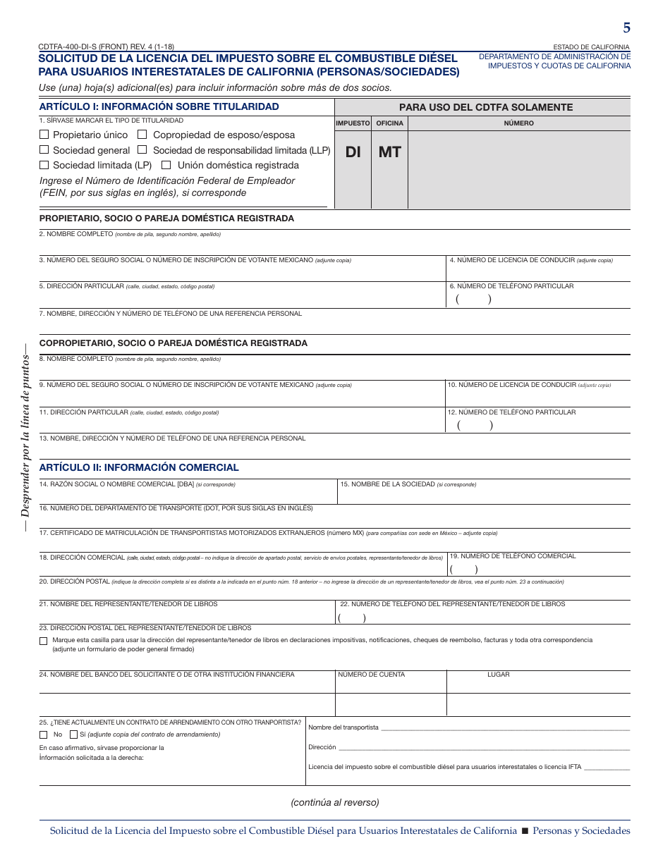 Formulario CDTFA-400-DI-S Solicitud De La Licencia Del Impuesto Sobre El Combustible Diesel Para Usuarios Interestatales De California (Personas / Sociedades) - California (Spanish), Page 5
